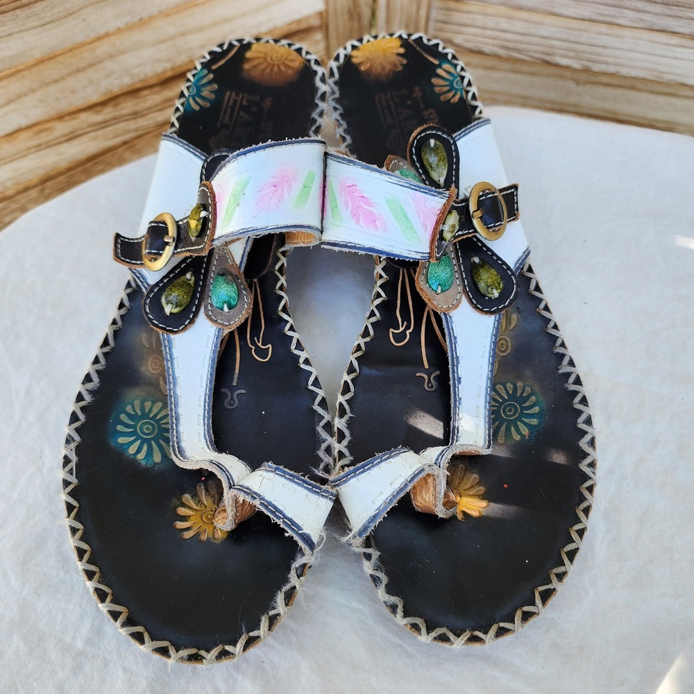 L'Artiste EU 41 US 9.5 to 10 Black Leather Santorini Wedge Sandals Resort Boho